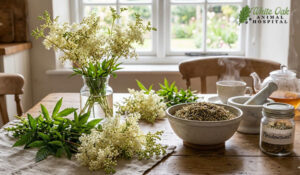 meadowsweet plant, dried herb, and tea on a table