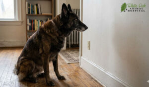 Senior dog staring at a wall at home